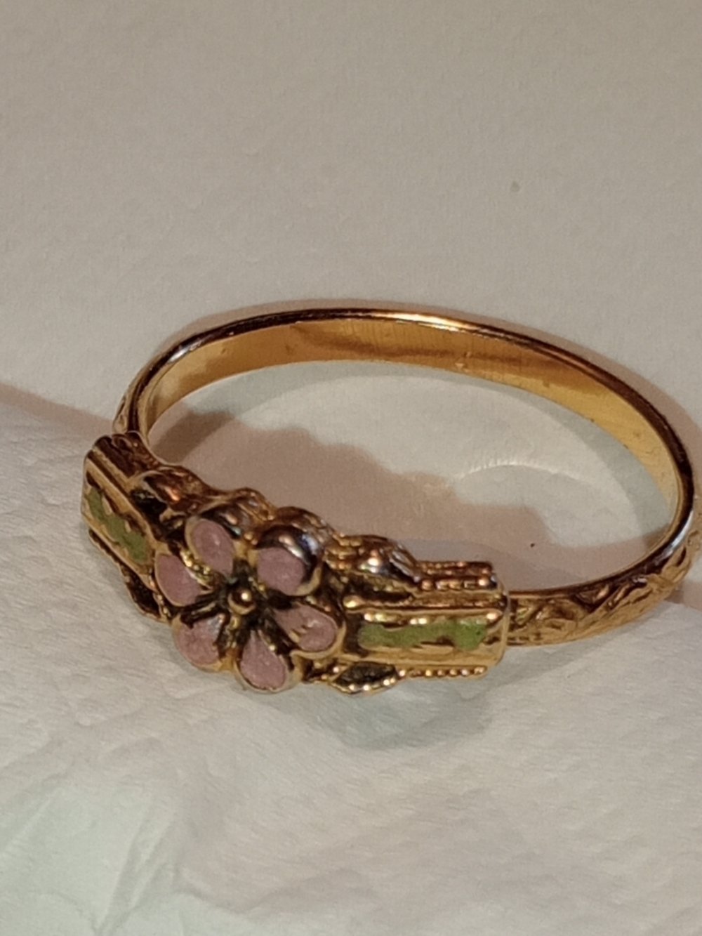 Ring Gold Floral Enamel Cluster Ring Victorian Style with Pink Petal Accents - Picture 8 of 13